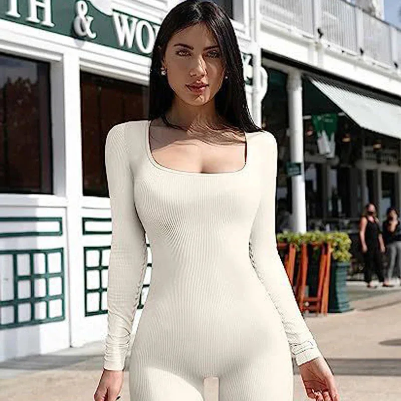 Seamless long sleeve jumpsuit in cream